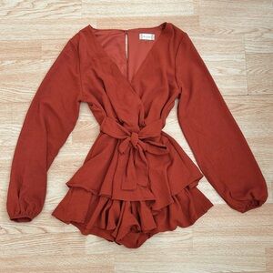 Altar’d State Rust Red Long Sleeved Ruffle Flutter Shorts Romper Jumpsuit XS